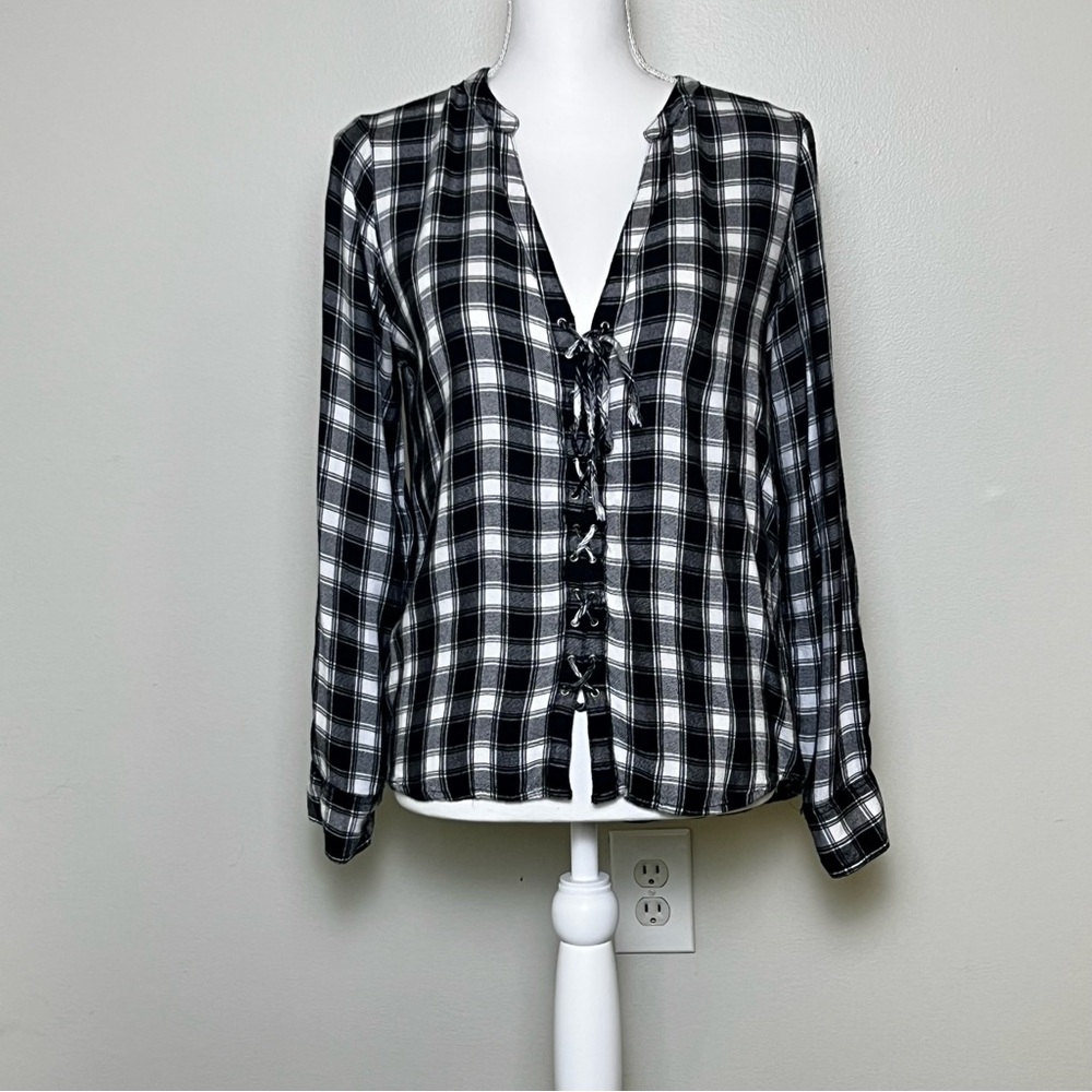 Express Plaid Lace-Up Top M